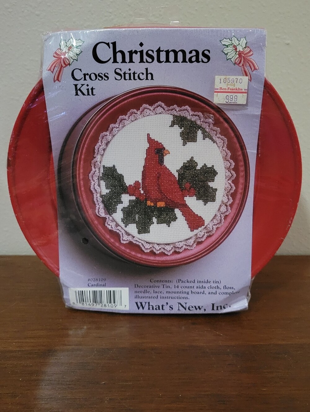 Vintage Whats New Inc Christmas Cross Stitch Kit Cardinal Red Decorative Tin NOS